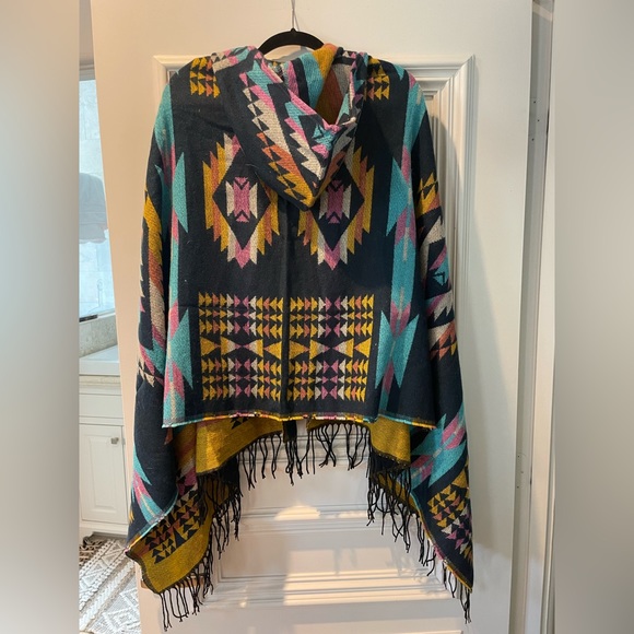 Navy and colorful Aztec poncho/wrap with securing button in front - Picture 2 of 3